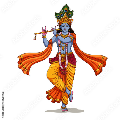 Illustration of Lord Krishna playing a flute in a dancing pose, celebrating Janmashtami with vibrant orange and yellow attire against a clean white background.