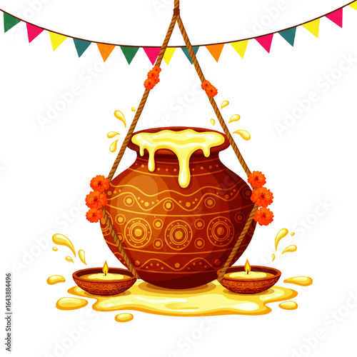 Illustration of a traditional Indian clay pot filled with gold liquid, decorated with flowers and hanging from a colorful string of flags, celebrating Janmashtami.