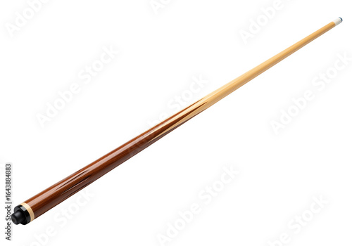 A brown and light-colored billiards cue stick with a white tip on a white background. Isolated transparent background (cut-out PNG file). Topics: billiards, pool, sport, game, equipment, recreation.