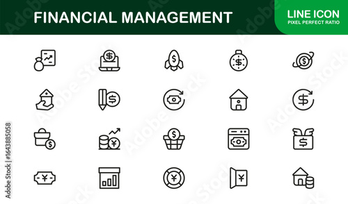 Financial Management Professional Line Icon Set – Modern Minimal Banking Investment and Budget Vector Collection