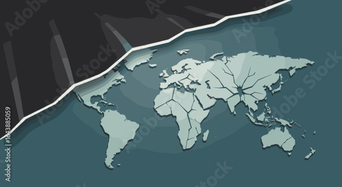 A world map partially revealed by pulling back a black curtain.