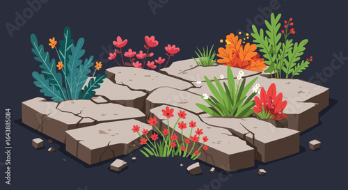 Small plants sprouting from the cracks of a crumbling stone wall.