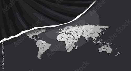 A world map partially revealed by pulling back a black curtain.