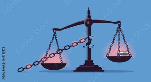 A scale of justice with a broken chain connecting the two pans.