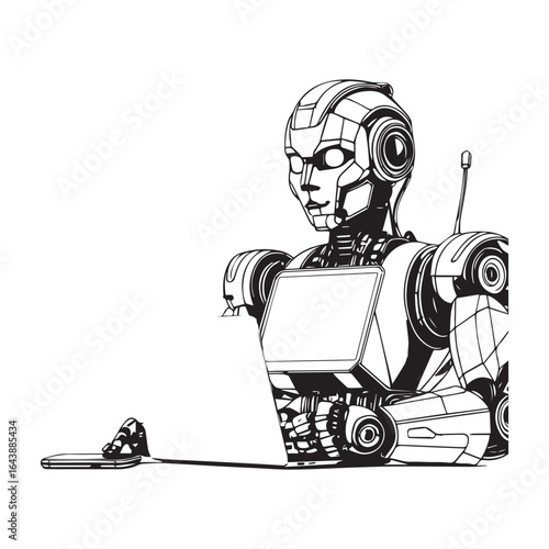 Vector art of humanoid robot with mechanical body and head, isolated on white background