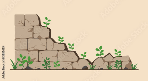 Small plants sprouting from the cracks of a crumbling stone wall.