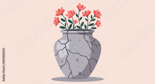 A cracked vase with flowers blooming from it.