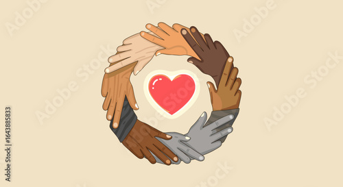 Multiple hands of different skin tones arranged in a circle around a glowing heart, symbolizing unity and love.