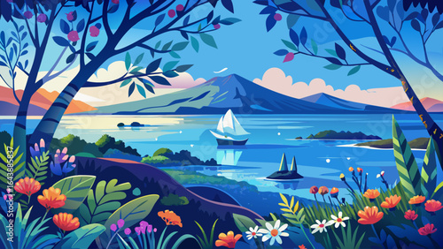 Beyond the shoreline, blurred Rangitoto Island rests in tranquil blue haze, framed by the radiant blossoms, creating a perfect New Zealand Christmas scene of warmth and coastal charm.