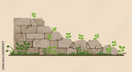Small plants sprouting from the cracks of a crumbling stone wall.