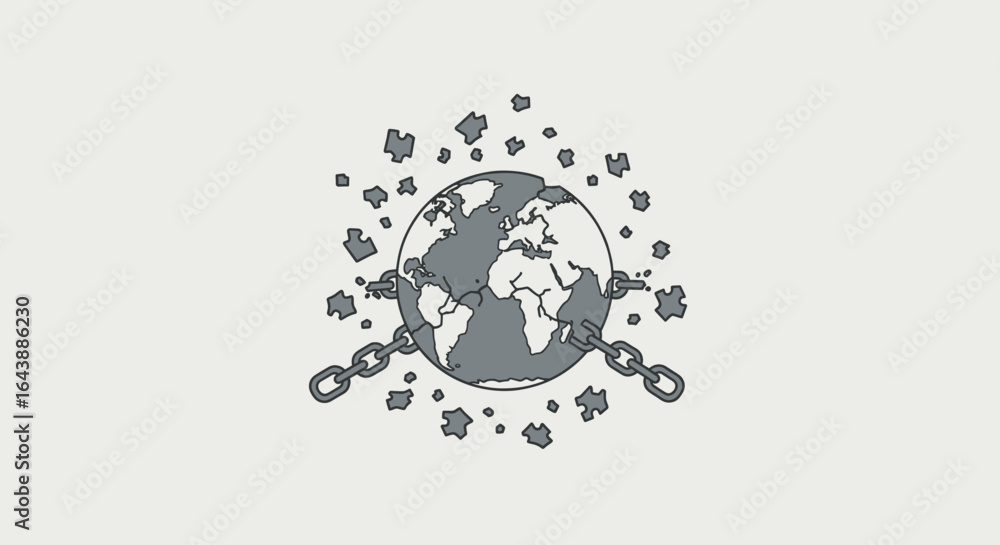 Fototapeta premium A chained Earth breaking free into puzzle pieces, symbolizing breaking global constraints.