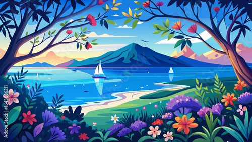 Beyond the shoreline, blurred Rangitoto Island rests in tranquil blue haze, framed by the radiant blossoms, creating a perfect New Zealand Christmas scene of warmth and coastal charm.