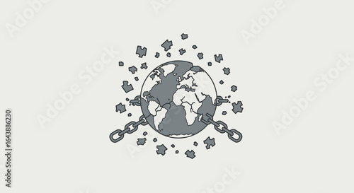 A chained Earth breaking free into puzzle pieces, symbolizing breaking global constraints.