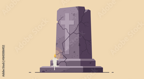 A lit candle beside broken glass pieces.