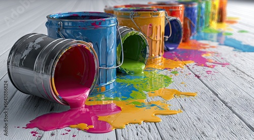 Fototapeta Naklejka Na Ścianę i Meble -  Spilled paint buckets in vibrant hues cascade across a light wood surface, creating a colorful, chaotic scene