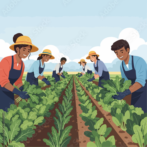 Diverse farmworkers harvesting leafy greens in a neatly organized field.
