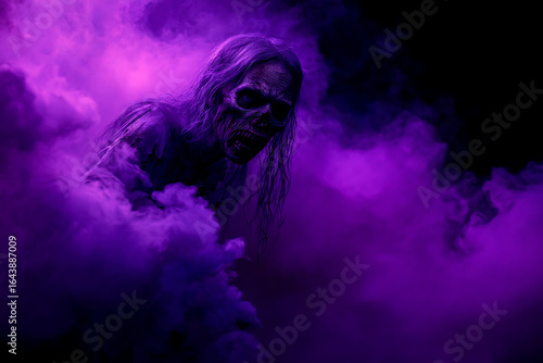 Eerie skeletal figure emerging from vibrant purple smoke in a dark atmosphere