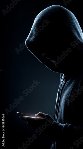 unknown man in dark hoodie with phone in his hand on dark background, phone scammer concept