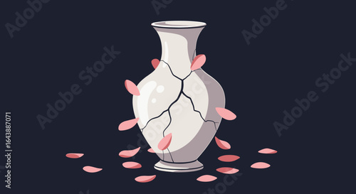 A cracked vase with flowers blooming from it.