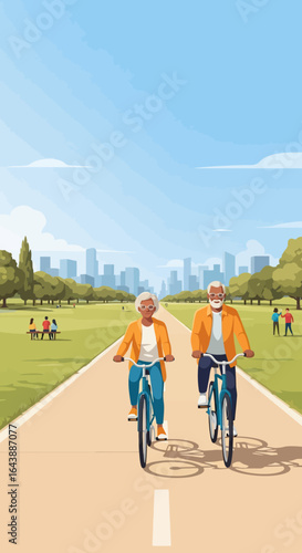 Elderly couple enjoying a leisurely bike ride through a scenic park, towards a city skyline.