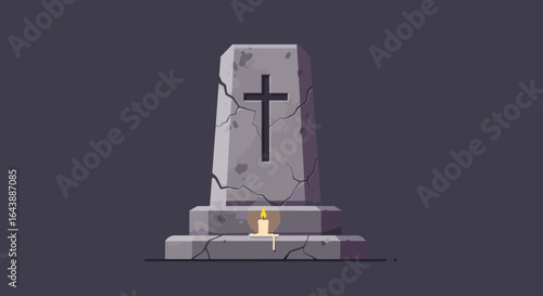 A lit candle beside broken glass pieces.