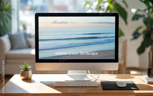 Desktop computer displaying ocean waves on screen image