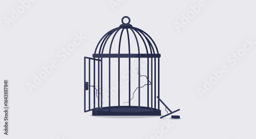 An open birdcage with a broken perch, symbolizing freedom and escape.
