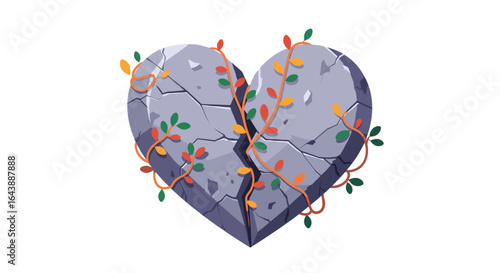 A cracked stone heart with colorful vines growing through its fractures.