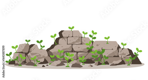Small plants sprouting from the cracks of a crumbling stone wall.