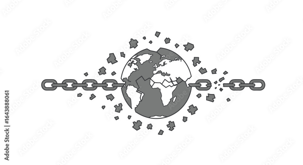 Fototapeta premium A chained Earth breaking free into puzzle pieces, symbolizing breaking global constraints.
