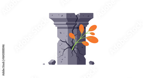 A cracked stone pillar with a small plant sprouting from it.