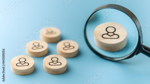 Conceptual photo of six round wooden tokens with simple human icons on light blue background, one token magnified through handheld magnifying glass, recruitment and candidate selection concept
