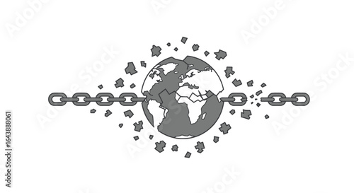 A chained Earth breaking free into puzzle pieces, symbolizing breaking global constraints.