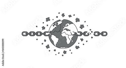 A chained Earth breaking free into puzzle pieces, symbolizing breaking global constraints.