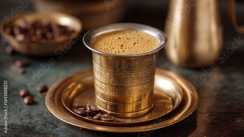 Coffee in a brass cup rests on a brass saucer with scattered coffee beans with blurred coffee beans  pot in background
