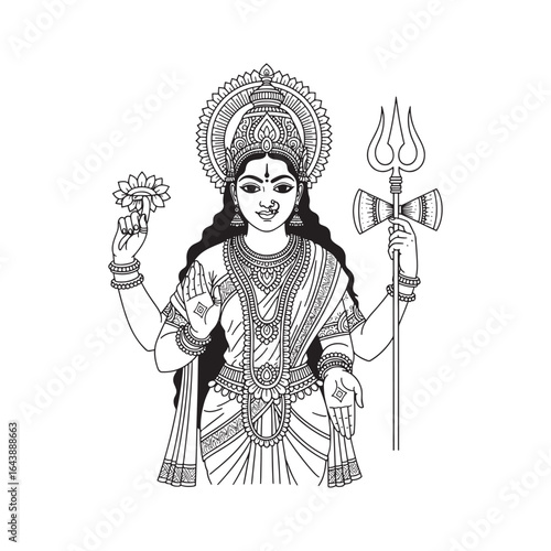 Hindu Goddess Devi with Trishul, Lotus and Damaru — Black and White Vector Line Art