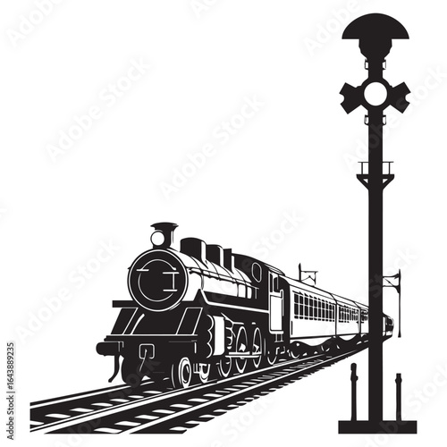 Vector art of silhouette of a vintage steam train and a railway signal on tracks, black and white illustration
