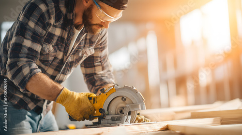 Caucasian construction contractor operating a cordless circular saw, cutting plywood indoors, wearing protective gloves and plaid shirt, safety glasses, dynamic low-angle close-up,