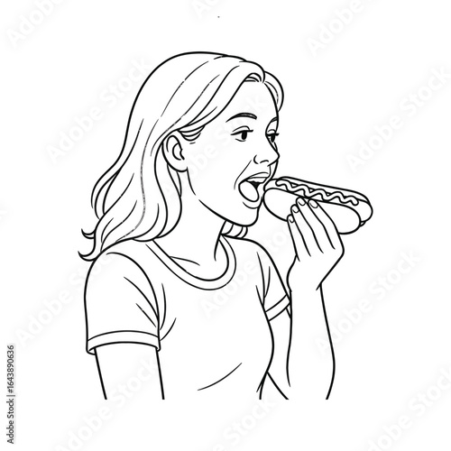 Woman happily eating a hot dog isolated on white background isolated on transparent background