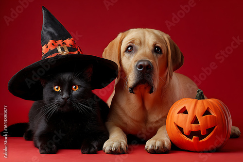 Black cat in a witch hat and golden retriever beside a carved pumpkin for Halloween celebration