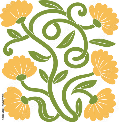 Floral Pattern Seamless Design With Yellow Flowers And Green Leaves