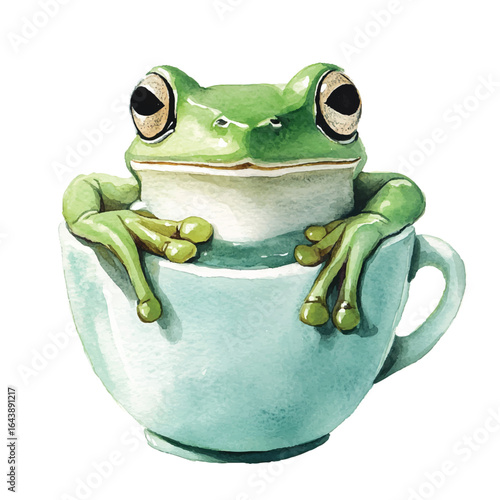 Watercolor Green Tree Frog Relaxing in a Light Blue Teacup