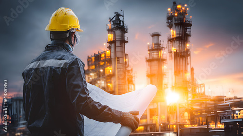 Double exposure of a male engineer holding a rolled blueprint in one hand and a yellow safety helmet in the other, overlaid with a large oil refinery and industrial plant, tall distillation towers