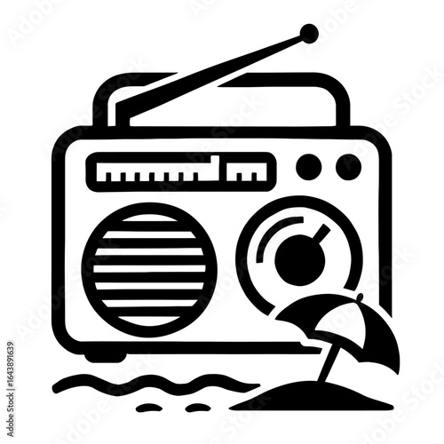 A black and white graphic combining a classic portable radio cassette player with a beach scene, featuring a small umbrella and waves, representing summer fun and music by the sea.