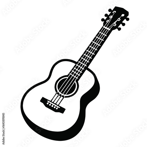 A detailed black and white illustration of an acoustic guitar, a classic stringed musical instrument, perfect for designs related to music, hobbies, and artistic expression.
