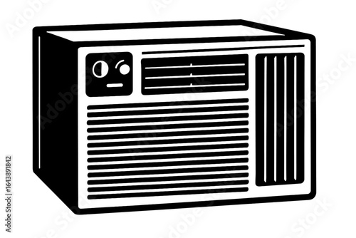 A black and white graphic of a classic window air conditioner unit, representing home appliances, cooling technology, and climate control in a simple, nostalgic design.