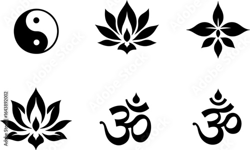"Spiritual Symbols Tattoo design Vector Set – Om, Lotus, and Yin Yang Icons"