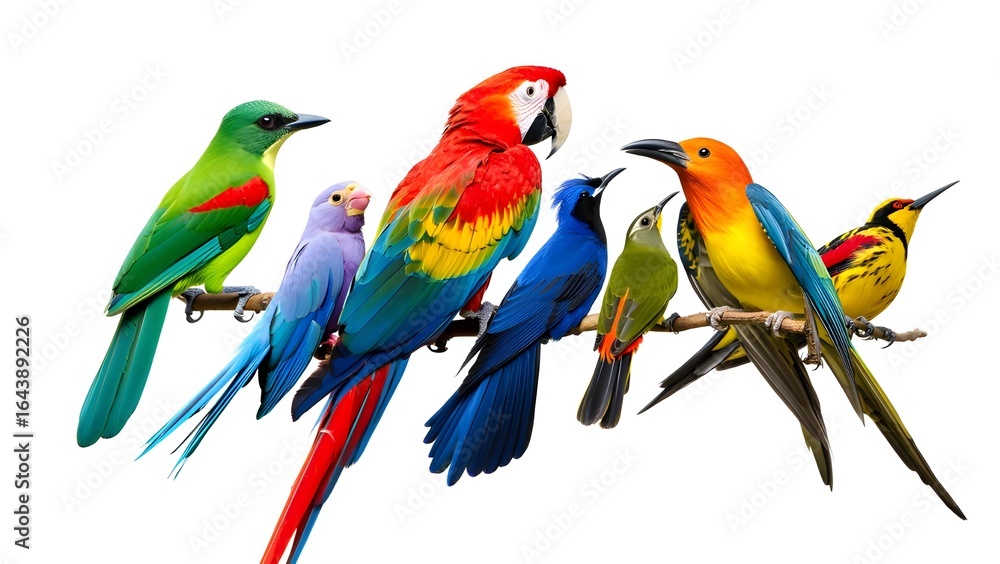 Obraz premium Vibrant Tropical Birds Perched on a Branch Displaying Their Beautiful Plumage