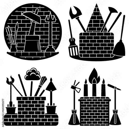 Four stylized vignettes featuring brick structures and various tools and implements displayed together nicely