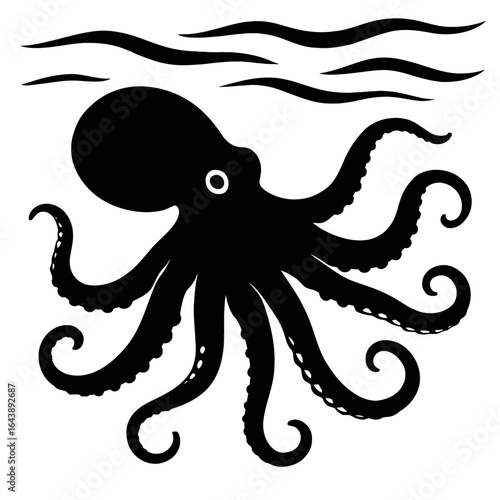 The Sea's Eight Arms: A Bold Vector Silhouette of an Octopus, Symbolizing Marine Life, the Ocean, and a Mysterious Underwater World